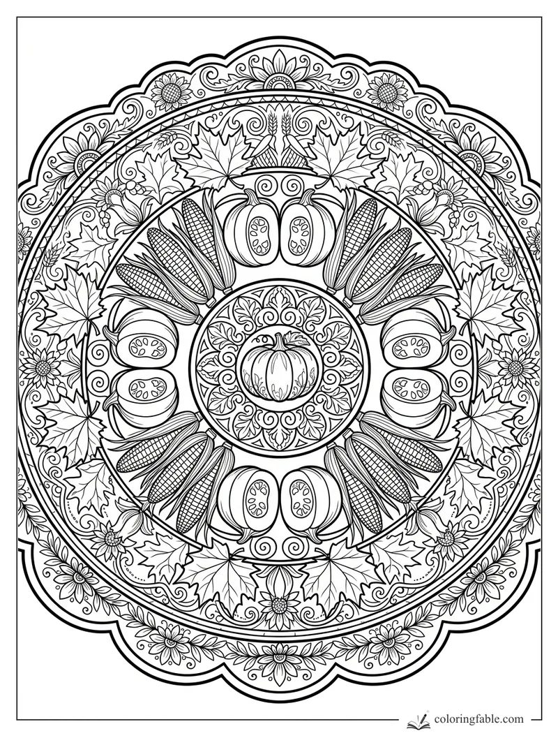 Intricate Thanksgiving mandala with center pumpkin, corn, squash, maple leaves, wheat, and sunflowers