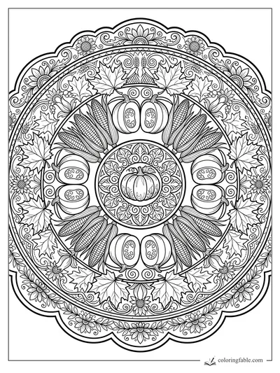 Intricate Thanksgiving mandala with center pumpkin, corn, squash, maple leaves, wheat, and sunflowers