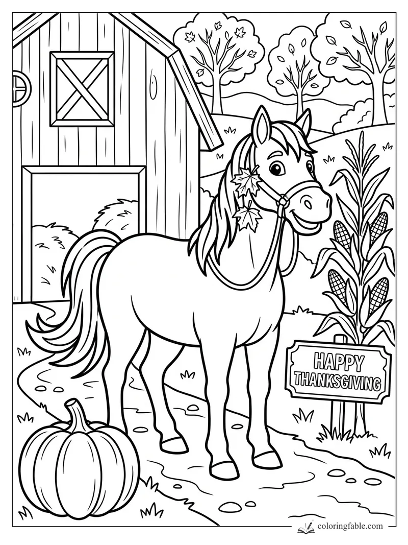 Cartoon horse with leaf decorations beside a barn, pumpkin, corn stalk, and Happy Thanksgiving sign.