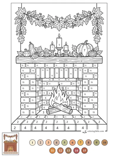 Thanksgiving Mantel with Candles, Pumpkins, and Leaf Garland — color by number
