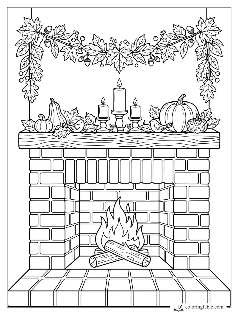 Thanksgiving fireplace coloring page with pumpkins, candles, birds, acorns, and a leafy mantel garland.