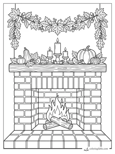 Thanksgiving fireplace coloring page with pumpkins, candles, birds, acorns, and a leafy mantel garland.
