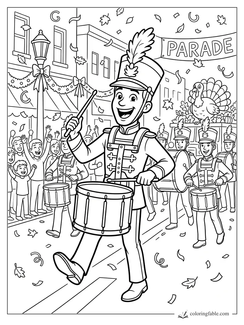 Cartoon Thanksgiving parade drummer marching past a turkey float, cheering crowd, banner, leaves, and confetti