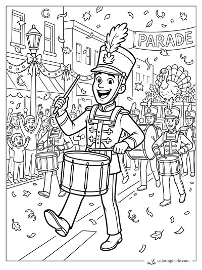 Cartoon Thanksgiving parade drummer marching past a turkey float, cheering crowd, banner, leaves, and confetti