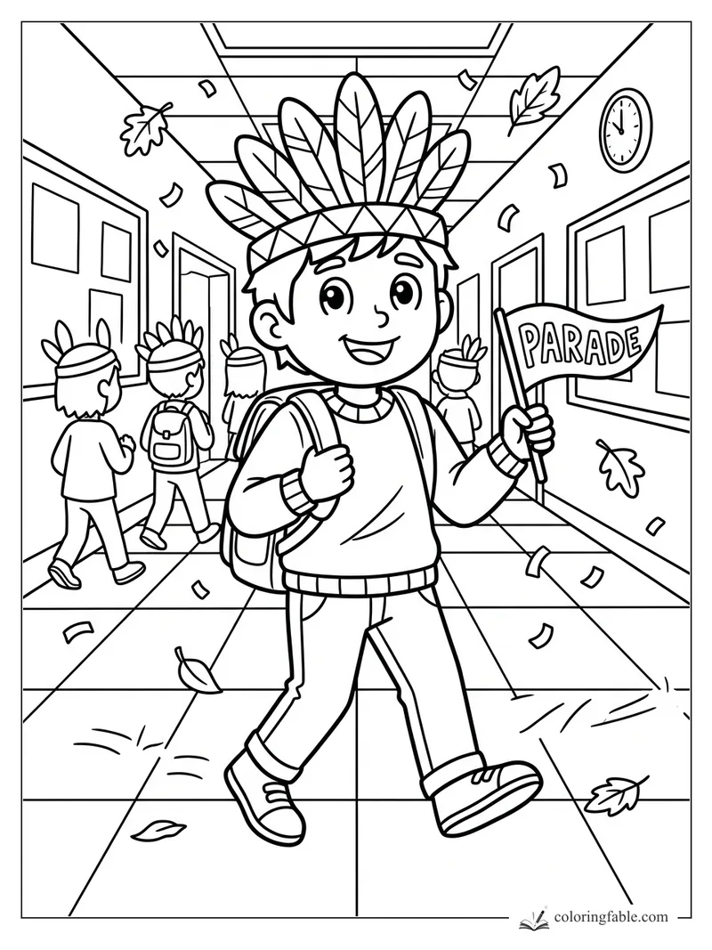 Child in feather headband holding a parade flag in a school hallway with falling leaves and classmates