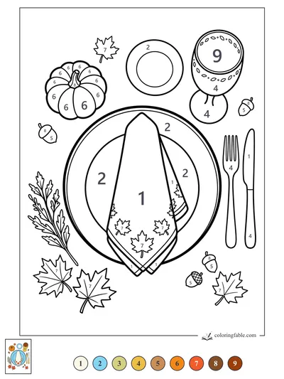 Thanksgiving Plate with Leaf Napkin and Acorns — color by number