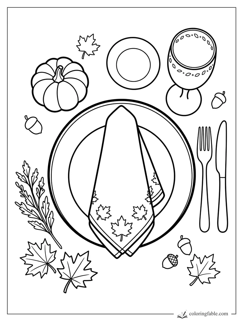 Thanksgiving place setting coloring page with folded leaf napkin, pumpkin, goblet, fork, knife, and acorns