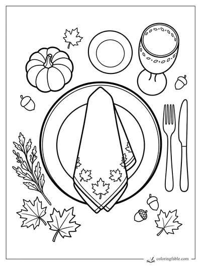 Thanksgiving place setting coloring page with folded leaf napkin, pumpkin, goblet, fork, knife, and acorns
