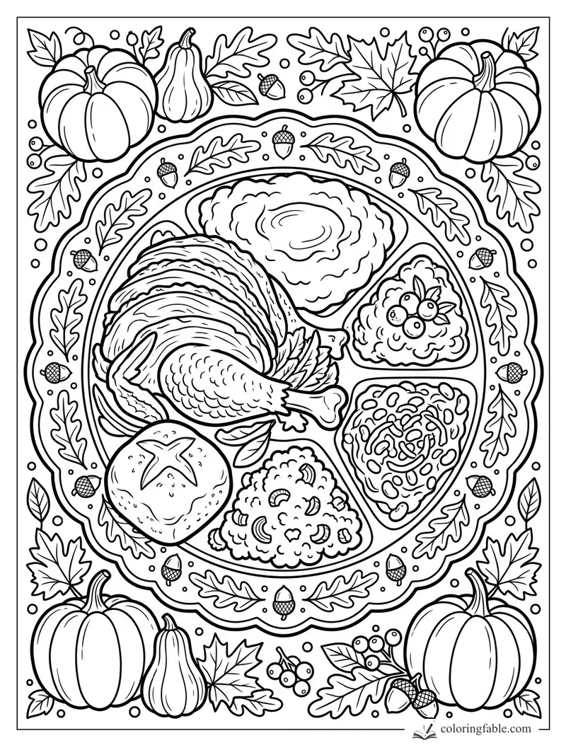 Thanksgiving plate coloring page with turkey, sides, pumpkins, oak leaves, acorns, and berries