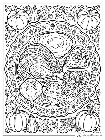 Thanksgiving plate coloring page with turkey, sides, pumpkins, oak leaves, acorns, and berries