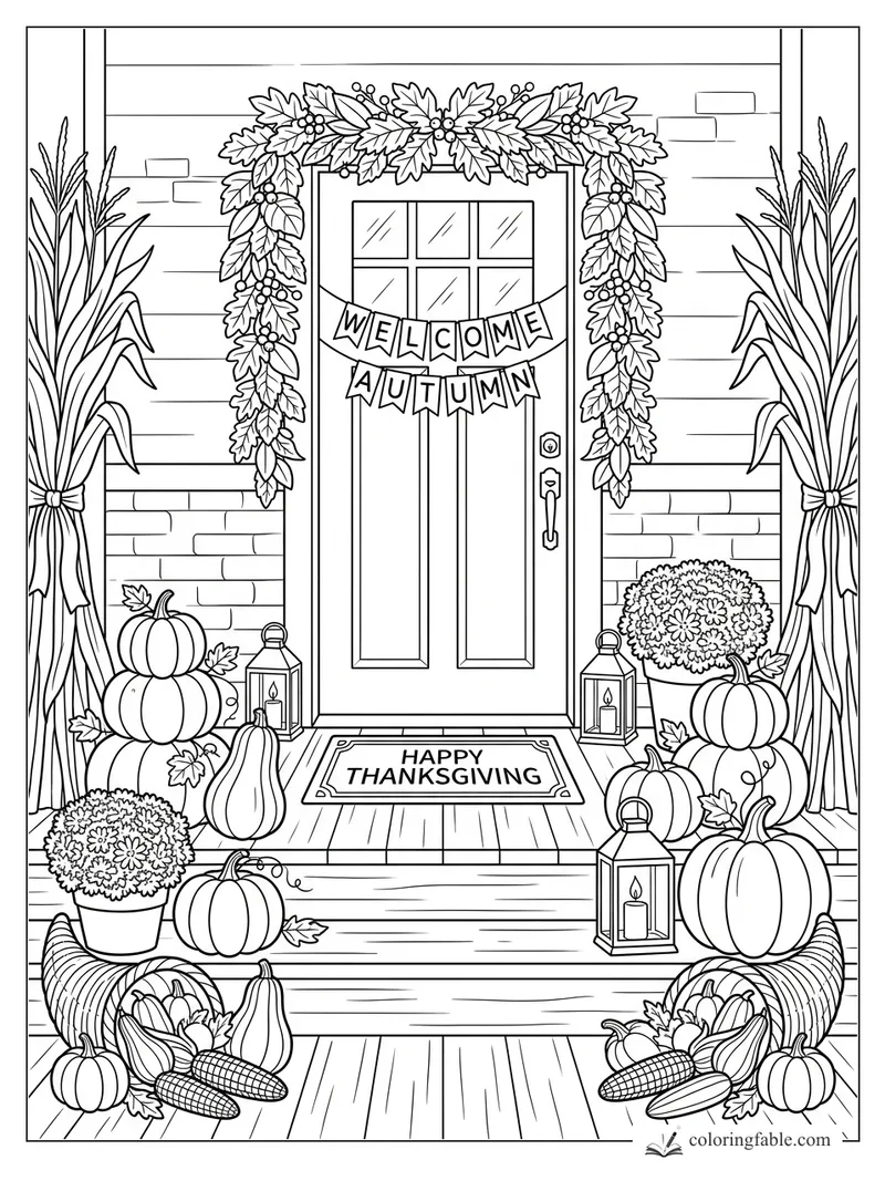 Thanksgiving porch coloring page with Welcome Autumn banner, pumpkins, corn stalks, lanterns, and leaf garland.