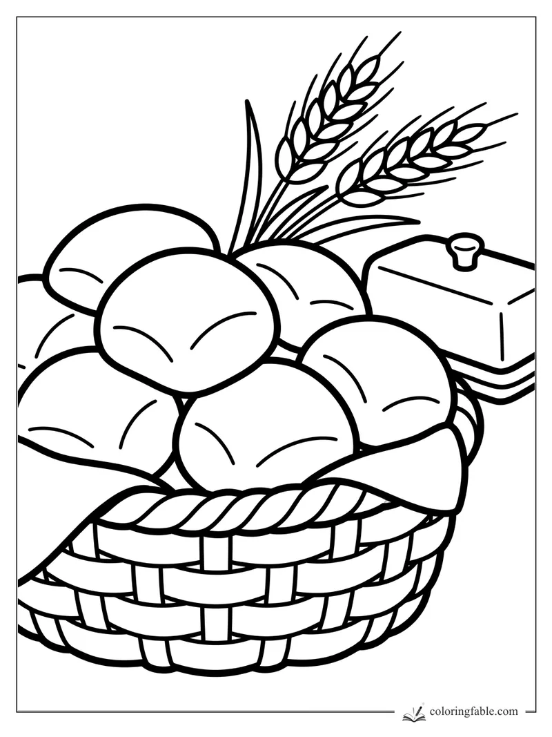 Easy Thanksgiving coloring page with a woven basket of dinner rolls, wheat stalks, and a butter dish.