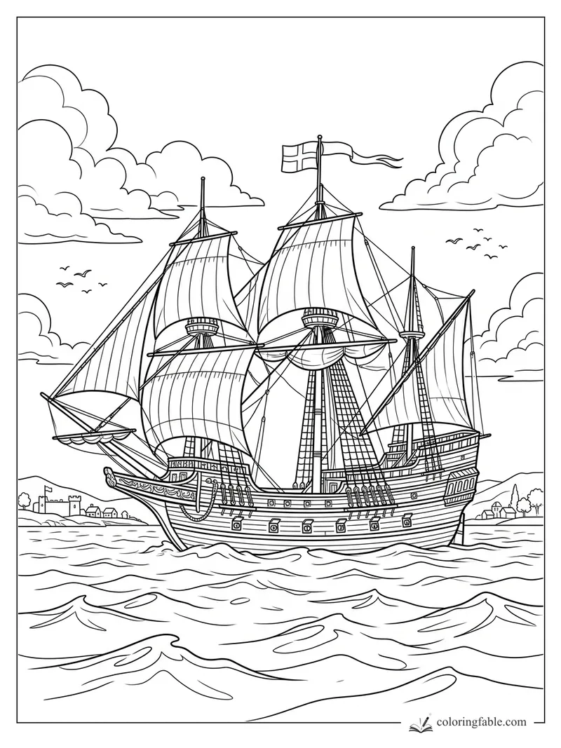 Thanksgiving sailing ship with tall masts, striped flag, rigging, waves, clouds, birds, and harbor houses