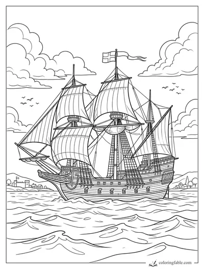 Thanksgiving sailing ship with tall masts, striped flag, rigging, waves, clouds, birds, and harbor houses