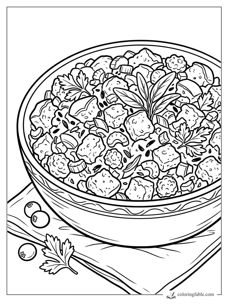 Thanksgiving stuffing bowl with bread cubes, sage, parsley, mushrooms, seeds, and cranberries on a napkin