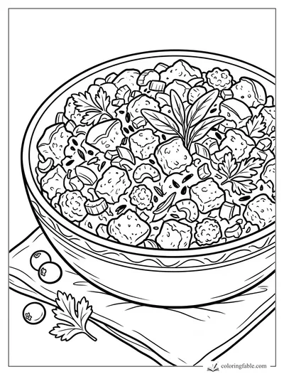 Thanksgiving stuffing bowl with bread cubes, sage, parsley, mushrooms, seeds, and cranberries on a napkin