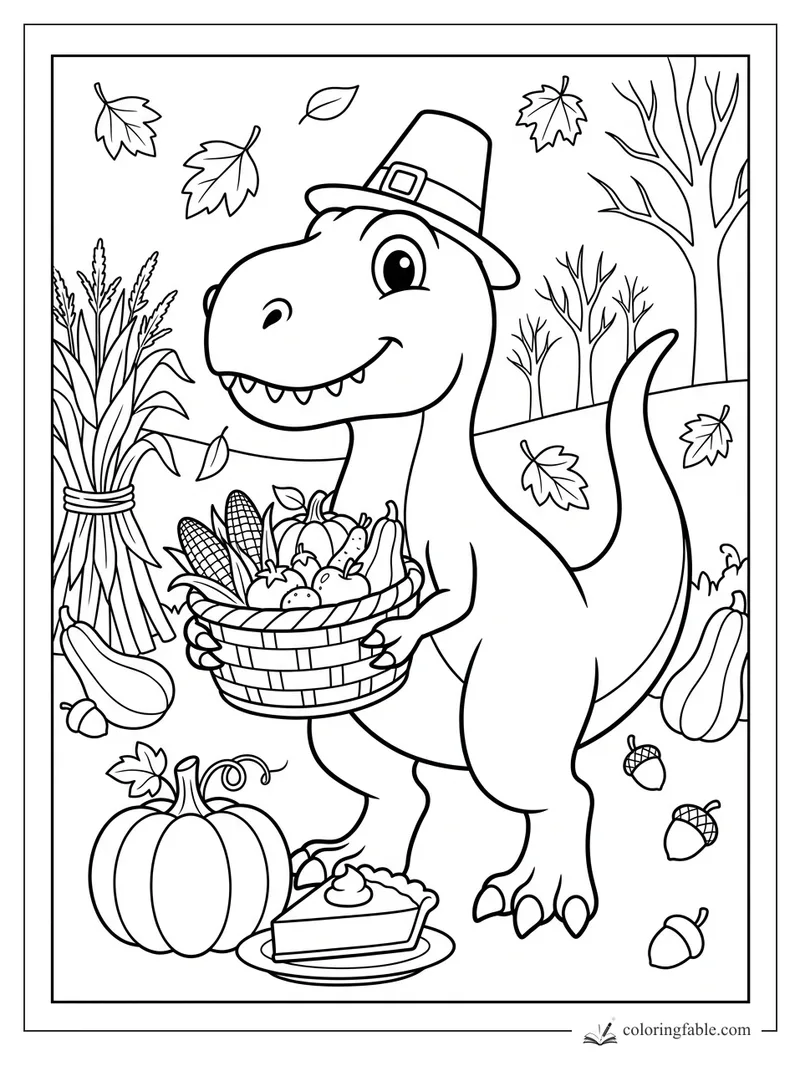 Smiling T. rex in pilgrim hat holding a harvest basket with pumpkins, corn, leaves, and pie
