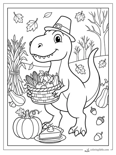 Smiling T. rex in pilgrim hat holding a harvest basket with pumpkins, corn, leaves, and pie