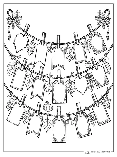 Thanksgiving coloring page with blank tags, clothespins, pumpkins, leaves, berries, and floral bows on twine