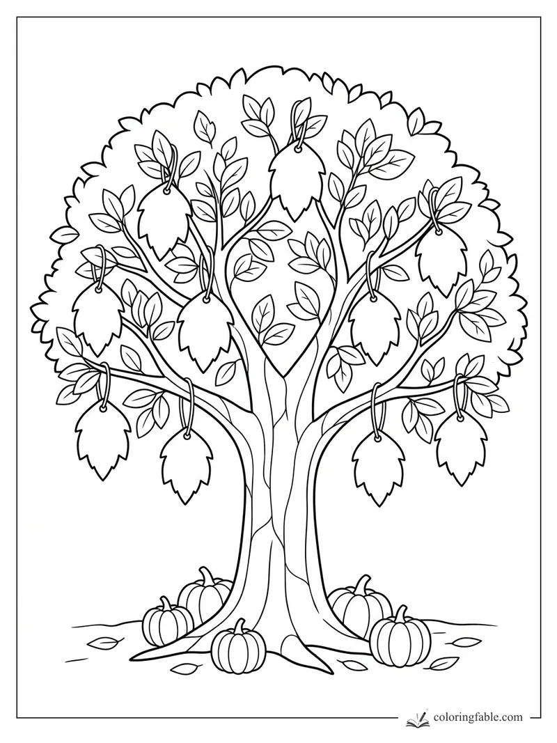 Thanksgiving tree with hanging leaf notes, pumpkins at the trunk, and many small autumn leaves