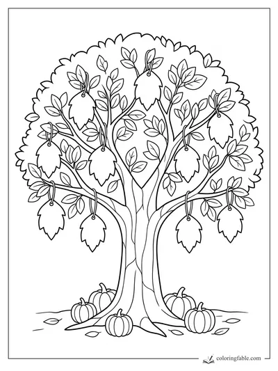 Thanksgiving tree with hanging leaf notes, pumpkins at the trunk, and many small autumn leaves
