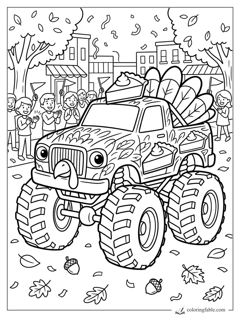 Cartoon turkey monster truck with pie decorations rolling through a cheering fall parade