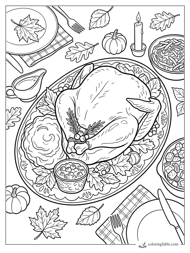Roast turkey on a platter with cranberries, gravy, pumpkins, leaves, candle, and side dishes