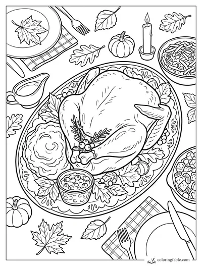 Roast turkey on a platter with cranberries, gravy, pumpkins, leaves, candle, and side dishes