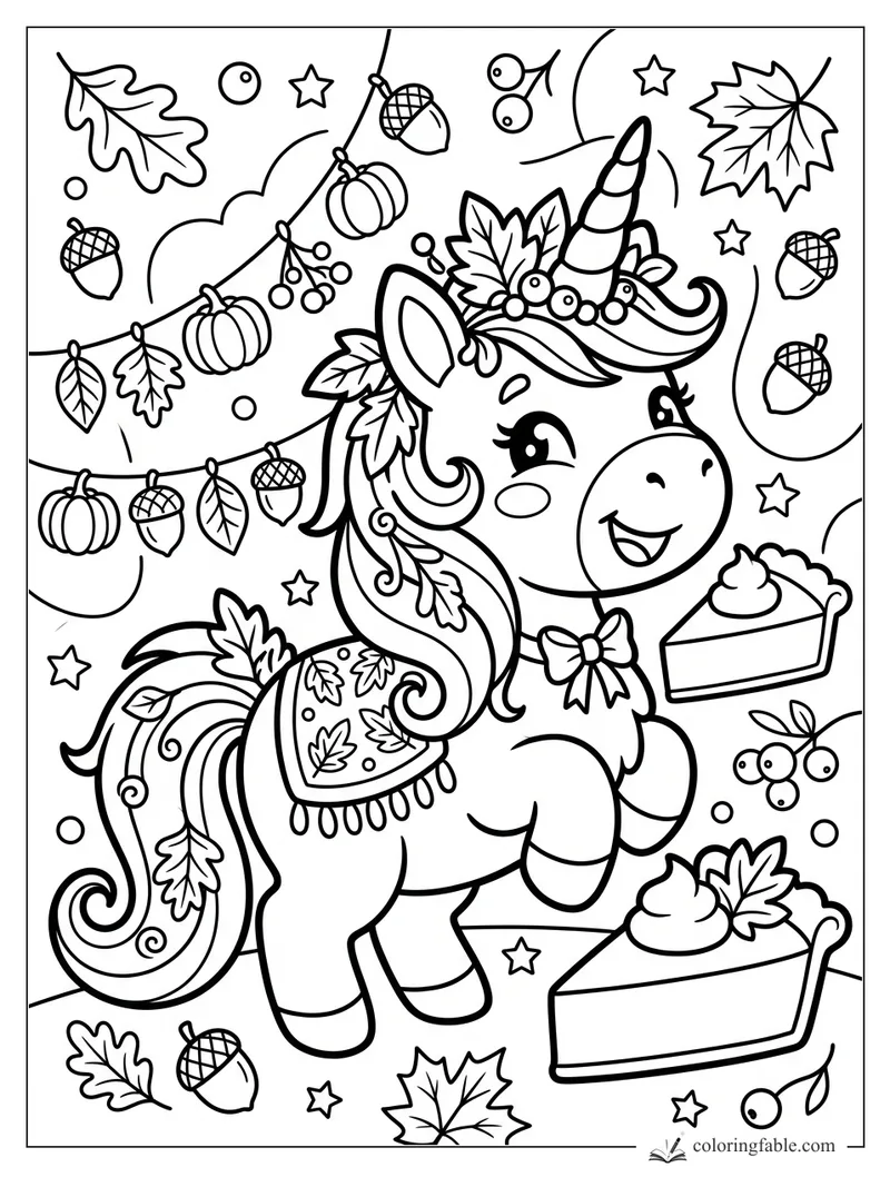 Kawaii Thanksgiving unicorn holding pie, with pumpkins, acorns, leaves, berries, and stars.