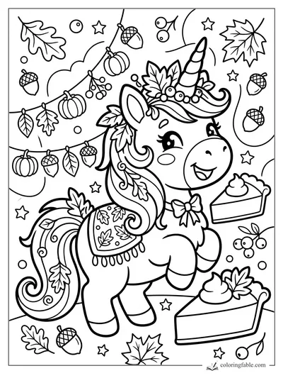 Kawaii Thanksgiving unicorn holding pie, with pumpkins, acorns, leaves, berries, and stars.
