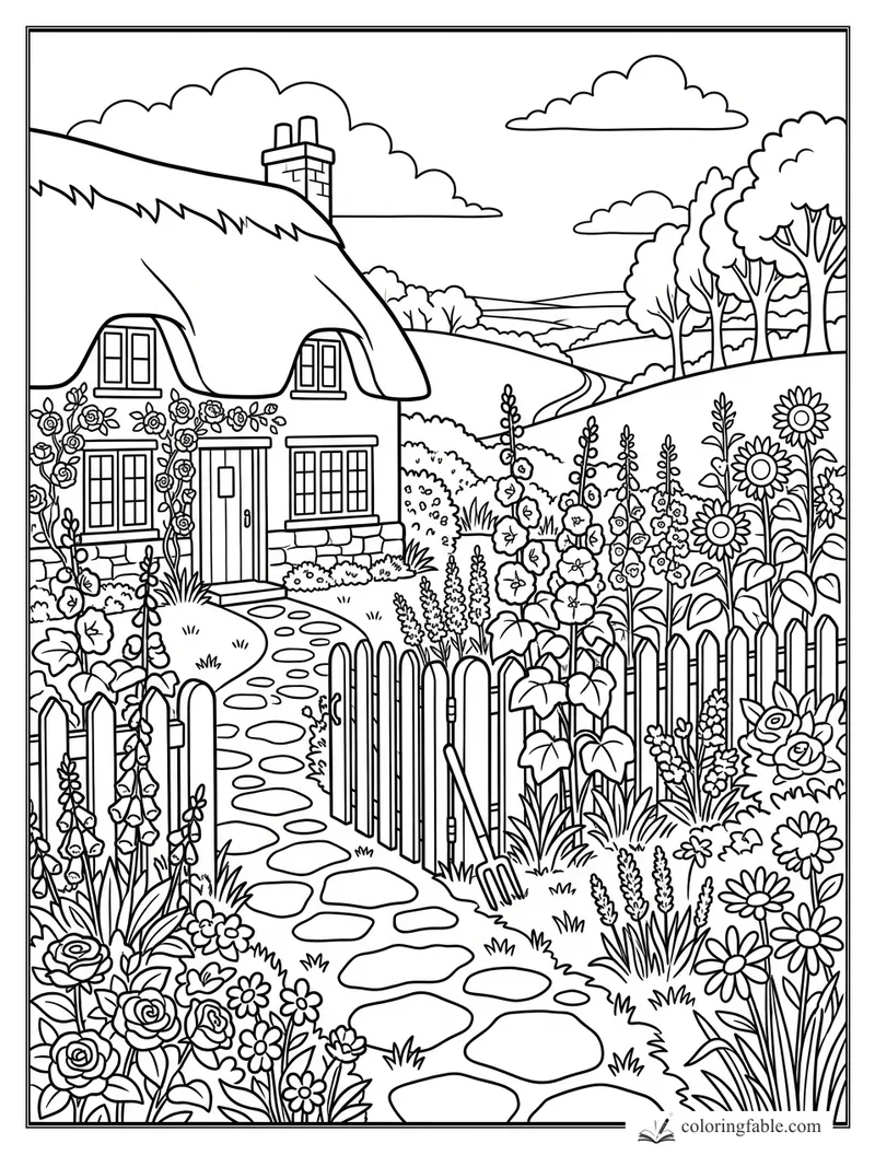 Vintage cottage garden coloring page with thatched roof, picket gate, flowers, and winding path