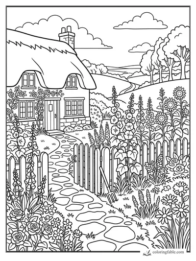 Vintage cottage garden coloring page with thatched roof, picket gate, flowers, and winding path