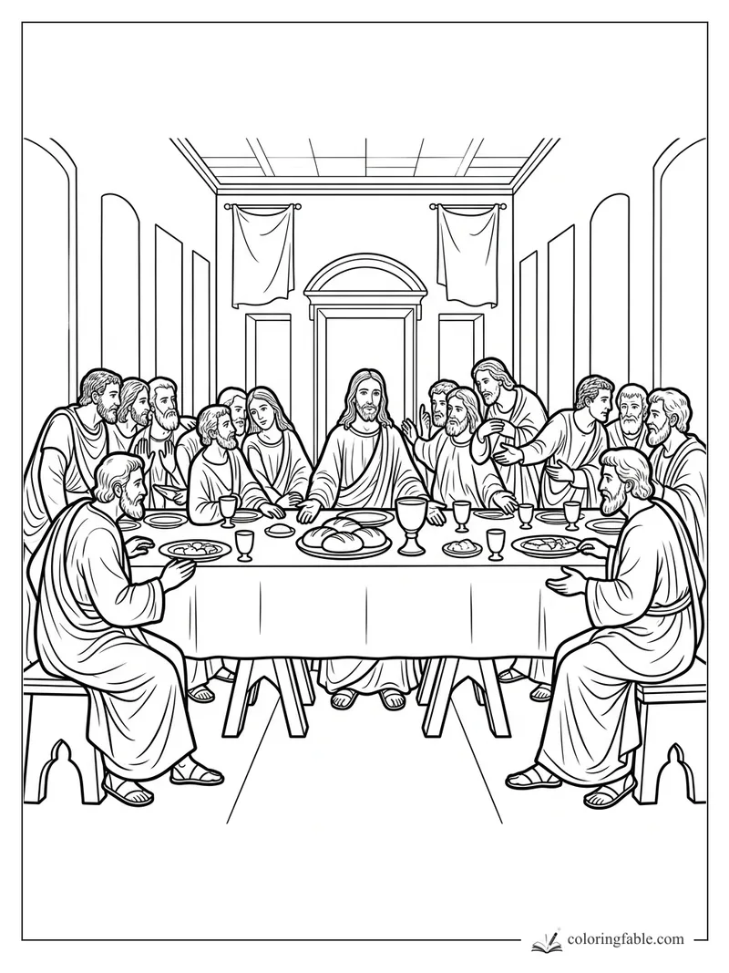 Jesus and the disciples share the Last Supper at a long table with bread, cups, curtains, and tall arches.