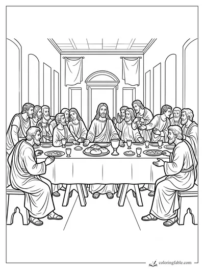 Jesus and the disciples share the Last Supper at a long table with bread, cups, curtains, and tall arches.