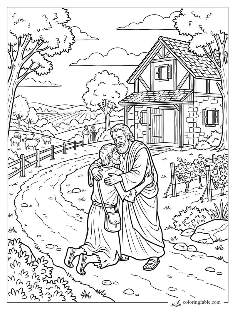 Prodigal son kneeling as his father embraces him beside a farmhouse, sheep pasture, and vineyard.