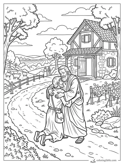 Prodigal son kneeling as his father embraces him beside a farmhouse, sheep pasture, and vineyard.