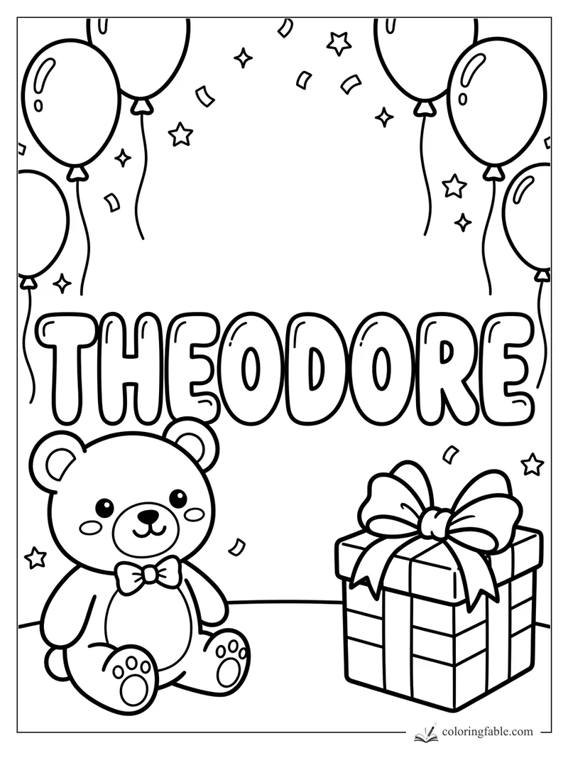 Kawaii Theodore name coloring page with teddy bear, balloons, confetti, stars, and a bow-topped gift.