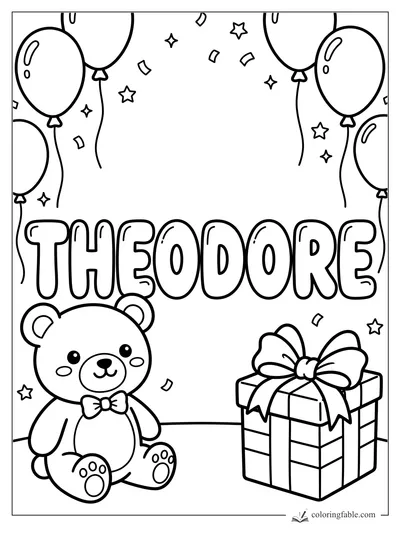 Kawaii Theodore name coloring page with teddy bear, balloons, confetti, stars, and a bow-topped gift.