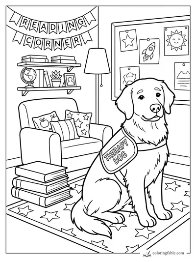 Therapy dog wearing a vest in a cozy reading corner with books, banners, pillows, and star rug