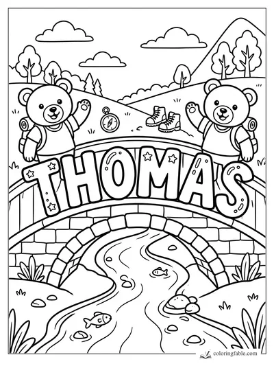 Thomas name coloring page with two bear hikers, a stone bridge, river, compass, boots, mountains and clouds
