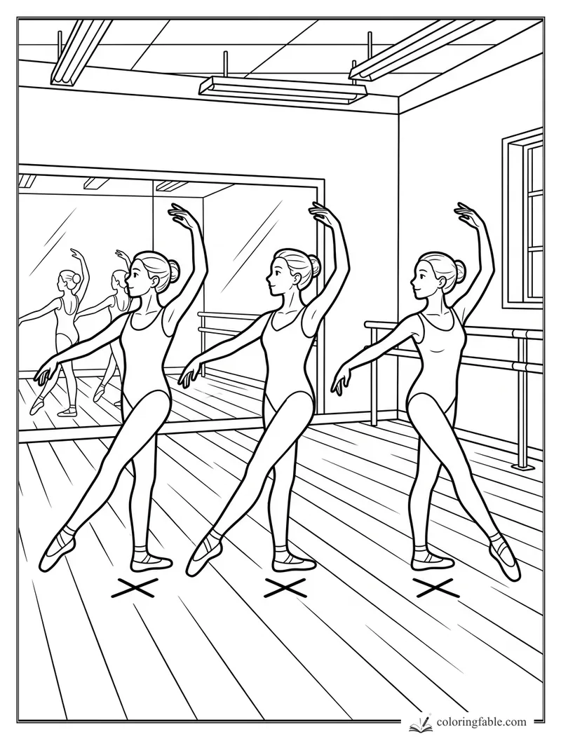 Three ballet dancers pose on X floor marks in a mirrored studio with barres, window, and ceiling lights.