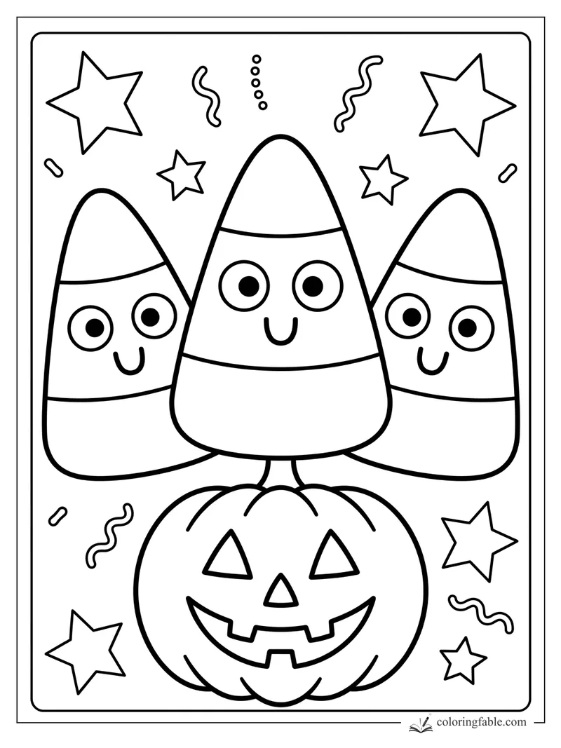 Three smiling candy corn friends standing on a jack-o'-lantern with stars and confetti