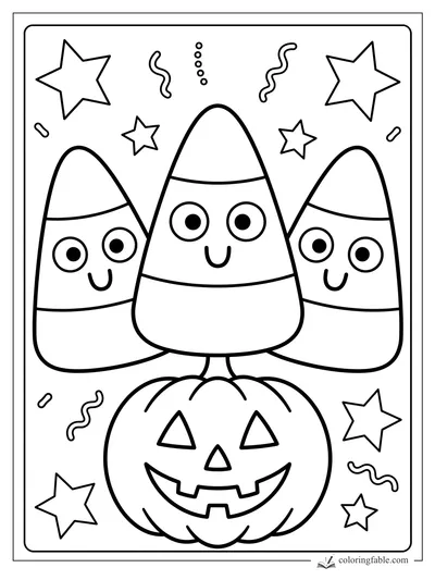 Three smiling candy corn friends standing on a jack-o'-lantern with stars and confetti