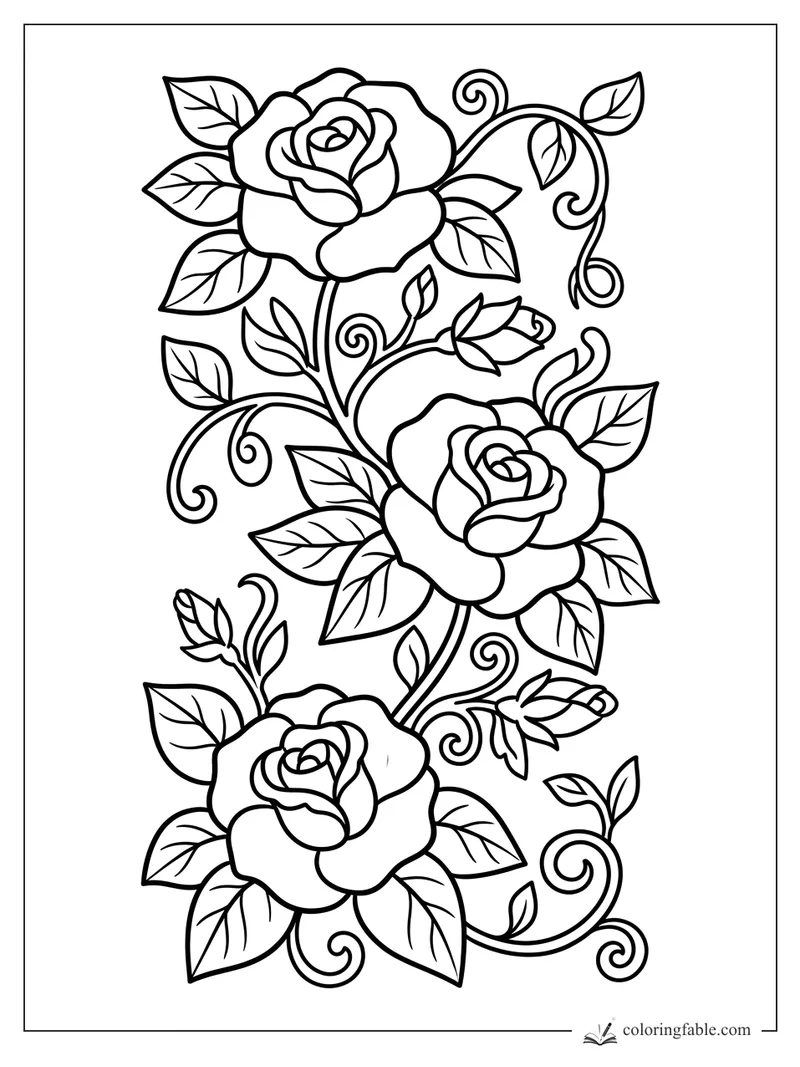 Three large roses on a climbing vine with leaves, buds, and curly tendrils