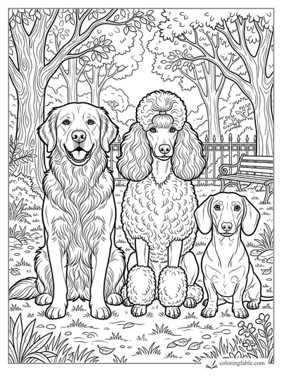 Realistic golden retriever, poodle, and dachshund sitting in a leafy park by a bench and iron fence.
