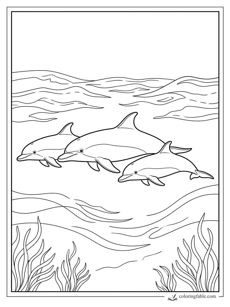 Realistic coloring page of three dolphins swimming together above seagrass and rolling ocean currents