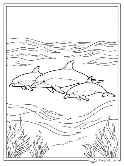 Realistic coloring page of three dolphins swimming together above seagrass and rolling ocean currents