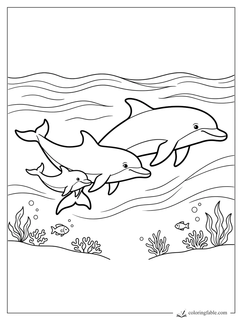 Three dolphins swim together above coral, seaweed, bubbles, and small fish under wavy water lines.
