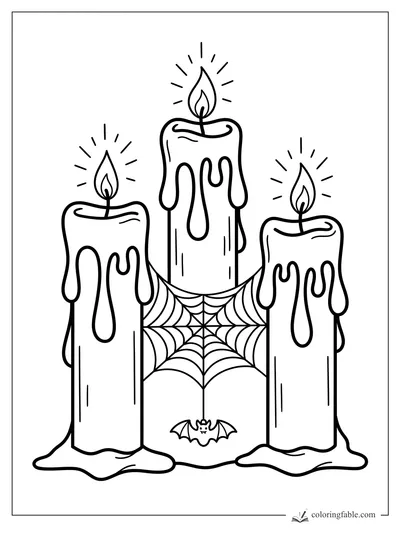 Three melting Halloween candles with glowing flames, a spiderweb, and a tiny hanging bat.