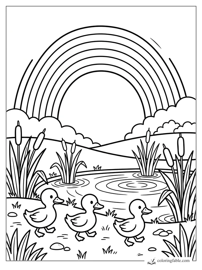 Easy coloring page of three ducklings walking by cattails, a pond, hills, clouds, and a large rainbow.
